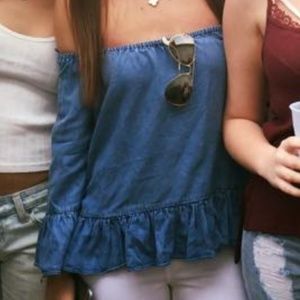Zara Off the Shoulder Jean Shirt